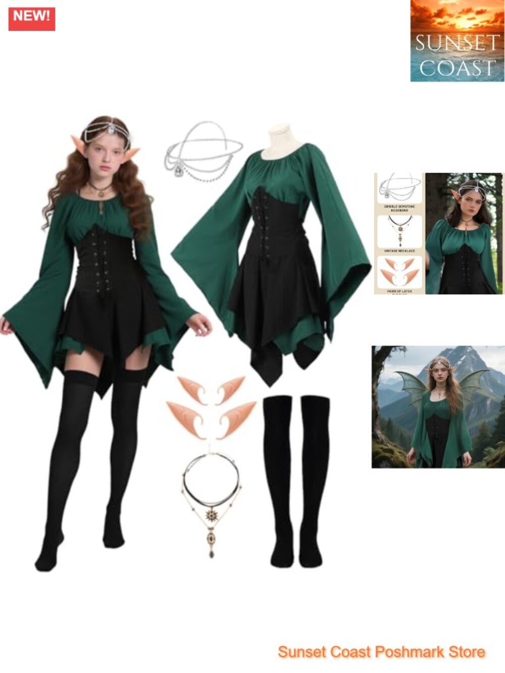 6 Pc Renaissance Elf Costume Women Medieval Fairy Dress Outfit Set